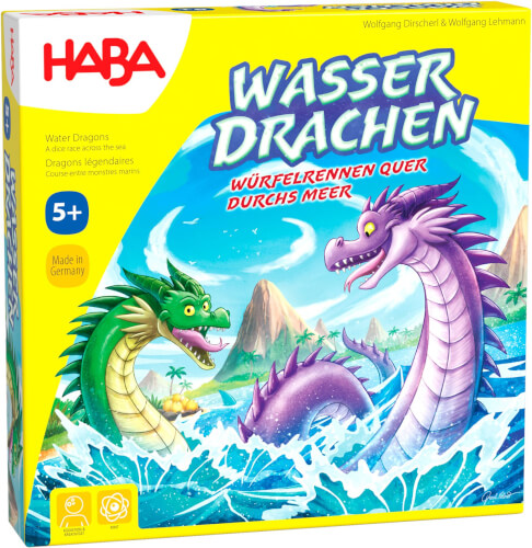 Auf dem Bild ist eine bunte Spieleverpackung mit zwei Wasserdrachen zu sehen. Das Spiel heißt "Wasser Drachen" und ist für Kinder ab 5 Jahren geeignet.