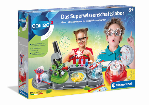 Auf dem Bild ist ein Experimentierkasten namens "Das Superwissenschaftslabor" von Galileo zu sehen. Zwei Kinder schauen begeistert und tragen Schutzbrillen, während sie Experimente durchführen.