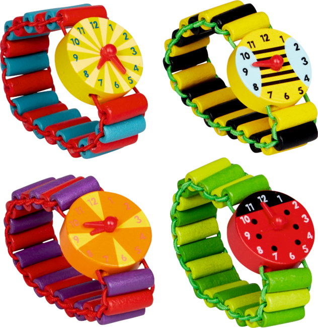 Gezeigt wird das Produkt 'Bunte Geschenke - Meine erste Uhr'. Es handelt sich um eine bunte Lernuhr für Kinder.
