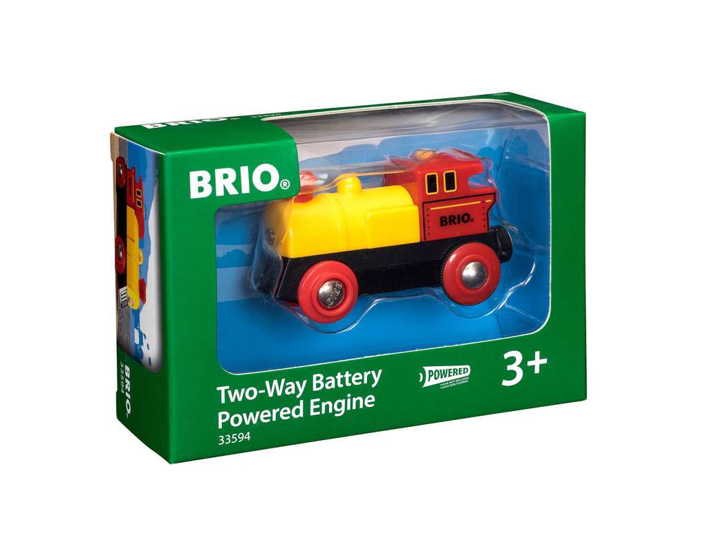 Die Abbildung zeigt die BRIO® World Gelbe Batterielok 33594 in ihrer Verpackung. Die Lokomotive ist für Kinder ab 3 Jahren geeignet und wird mit Batterien betrieben.