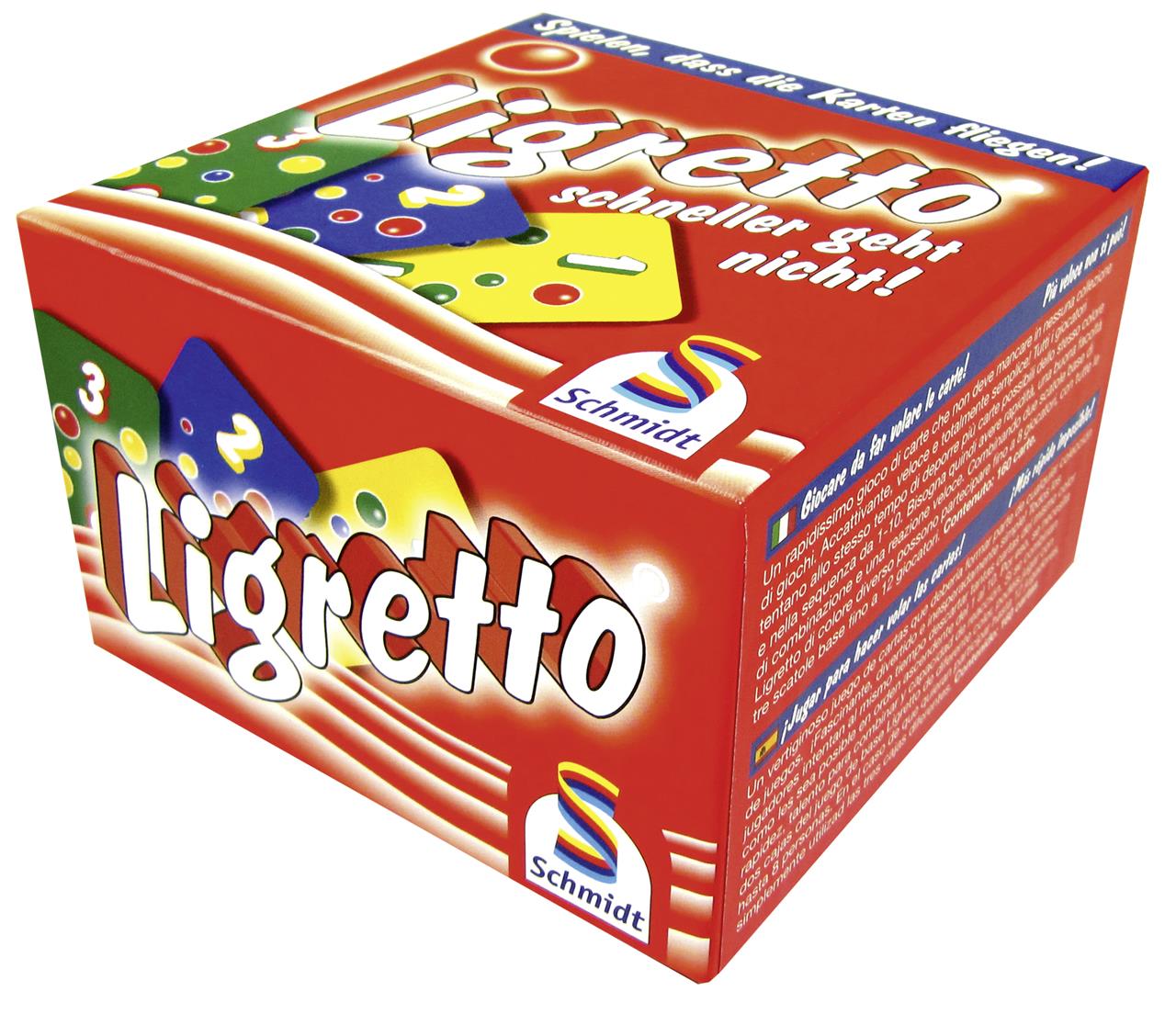 Die Abbildung zeigt die rote Schachtel des Kartenspiels „Ligretto® rot“ von Schmidt Spiele. Auf der Verpackung sind bunte Karten und das Ligretto-Logo gut sichtbar.