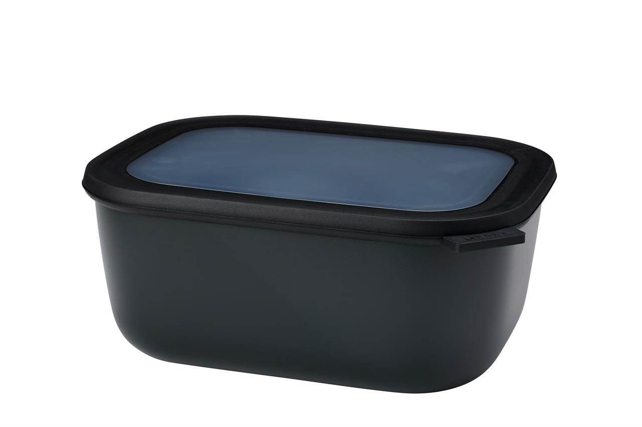 Die Abbildung zeigt eine rechteckige Multischüssel mit einem Fassungsvermögen von 3 Litern in der Farbe Nordic Black. Die Schüssel hat einen passenden, durchsichtigen Deckel.