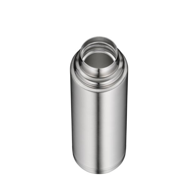 Auf dem Bild ist eine silberne Thermosflasche aus Edelstahl zu sehen. Die Flasche ist geöffnet und wird von oben gezeigt.