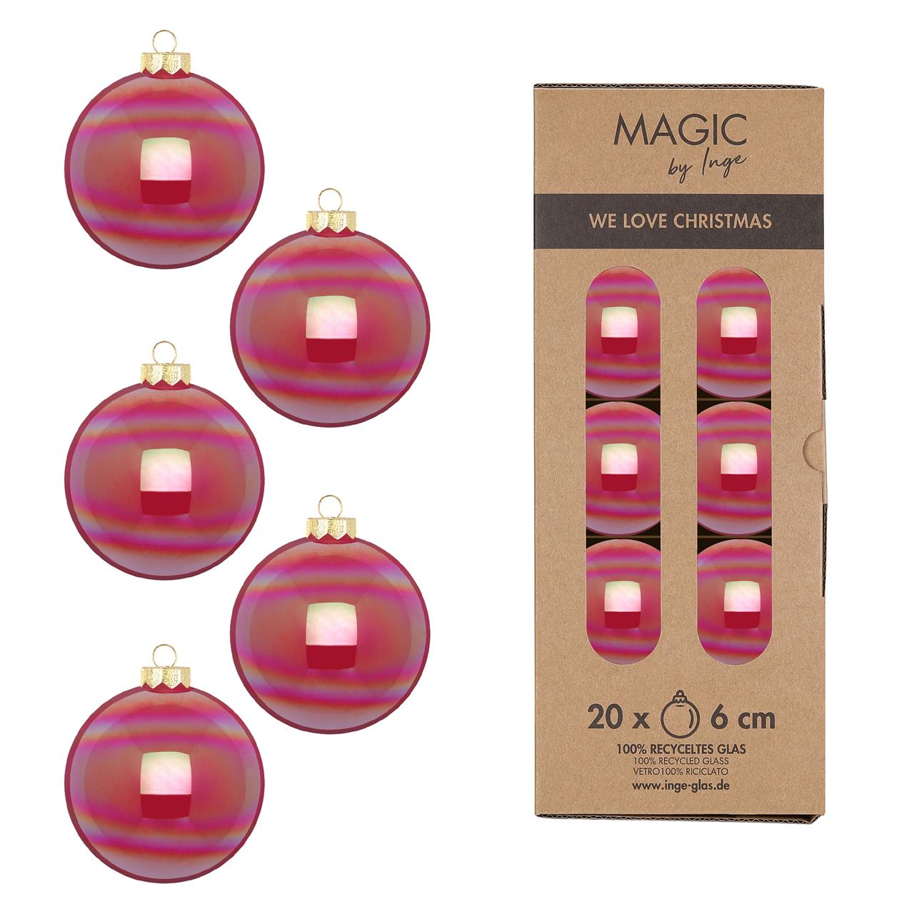 Das Bild zeigt eine Packung mit zwanzig glänzenden, rosa Weihnachtskugeln aus Glas. Die Kugeln haben einen Durchmesser von 6 cm und tragen den Namen "Dazzling Flamingo".