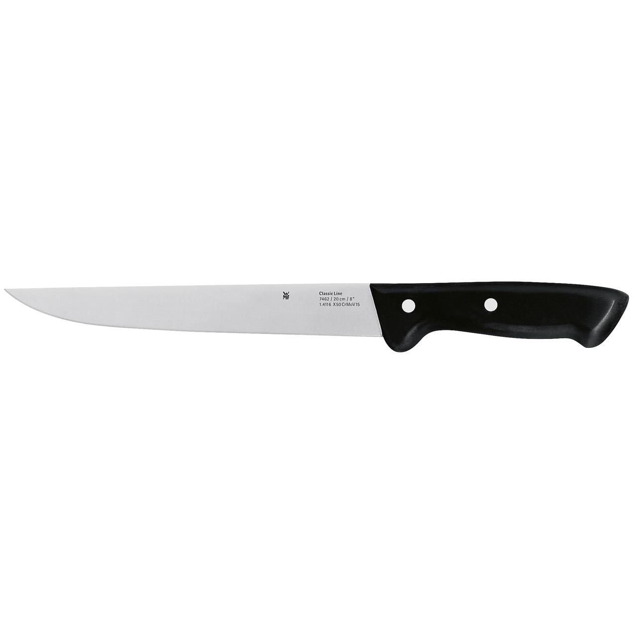 Das Bild zeigt ein Fleischmesser der Classic Line mit einer Klingenlänge von 20 cm. Das Messer hat eine silberne Klinge und einen schwarzen Griff.