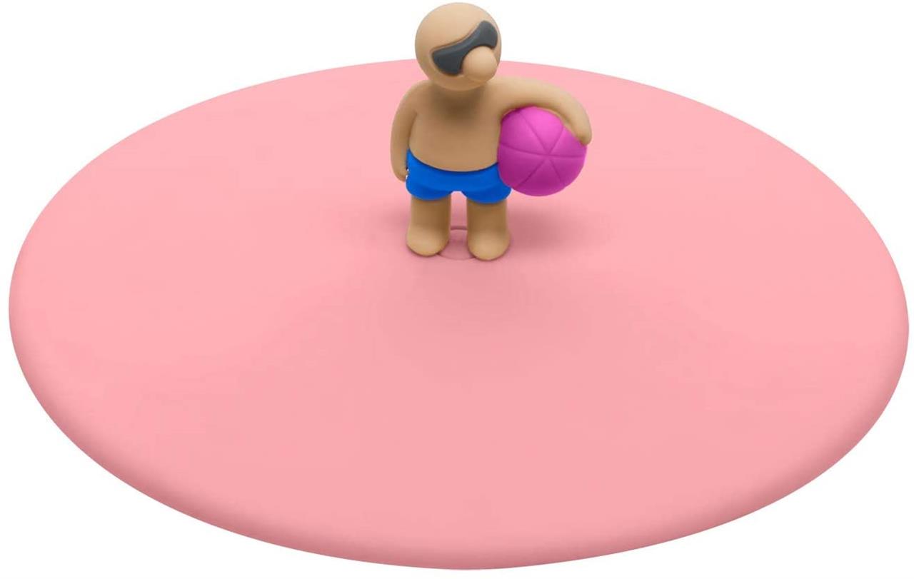 Das Bild zeigt einen pinken Deckel mit einer kleinen Figur darauf. Die Figur trägt eine blaue Badehose, eine schwarze Schwimmbrille und hält einen lila Ball.