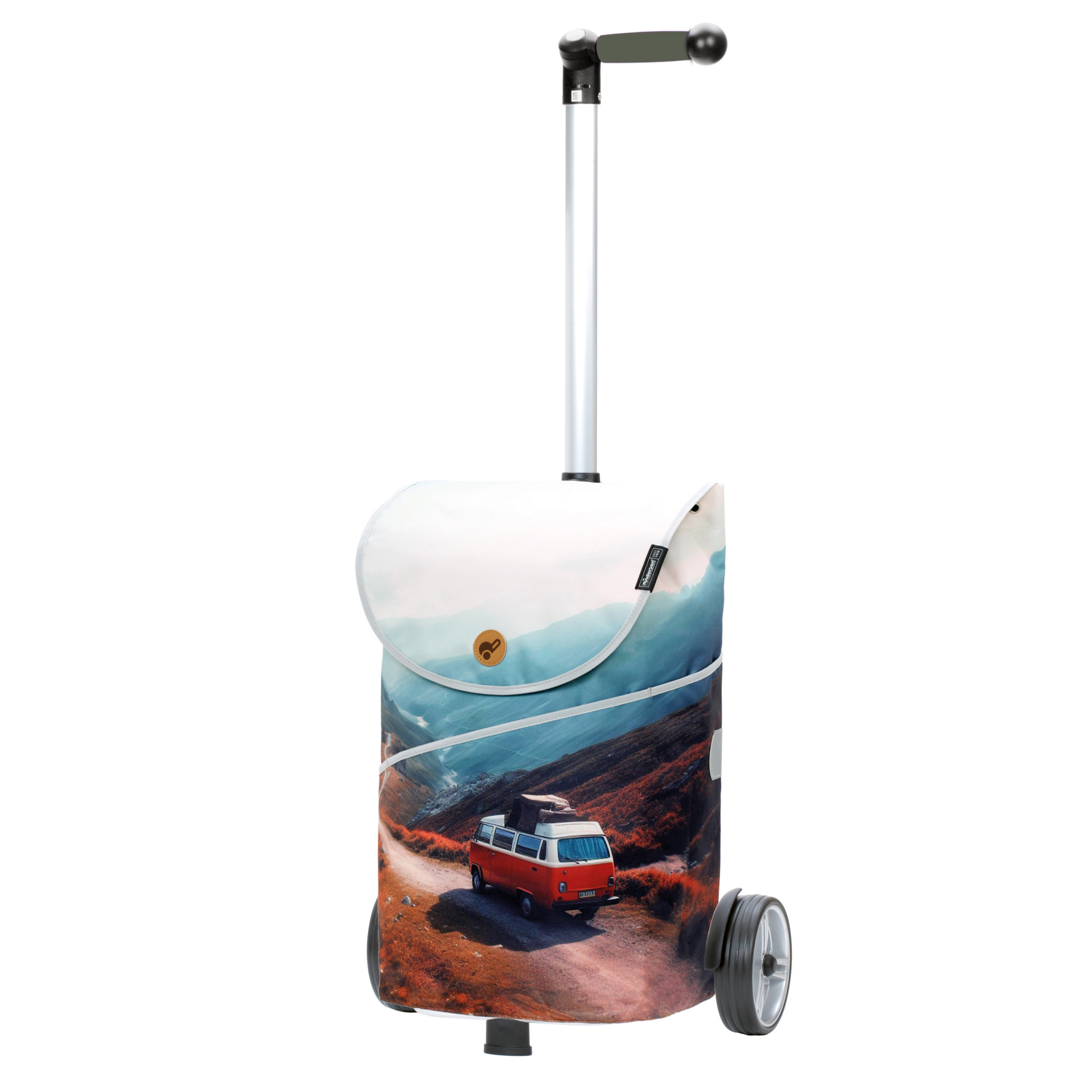 Das Bild zeigt den Unus Shopper Mix A40 von vorne. Dieses Produkt ist ein moderner, gemusterter Einkaufstrolley.