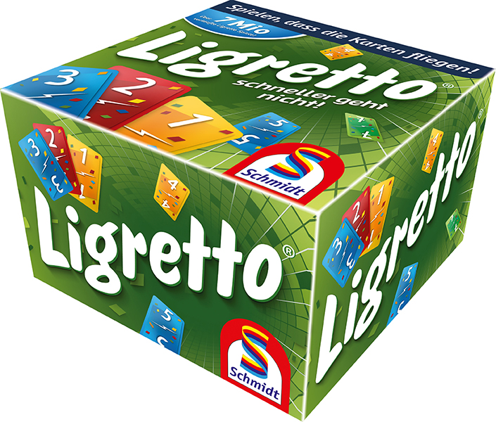 Das Bild zeigt die grüne Schachtel des Kartenspiels "Ligretto". Auf der Verpackung sind bunte Karten und das Logo von Schmidt Spiele zu sehen.