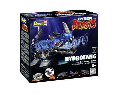 Auf dem Bild ist eine Verpackung des Modells "CYBER BEASTS HYDROFANG" von Revell zu sehen. Das Set ist für Kinder ab 8 Jahren geeignet und enthält mehrere bunte Bauteile.