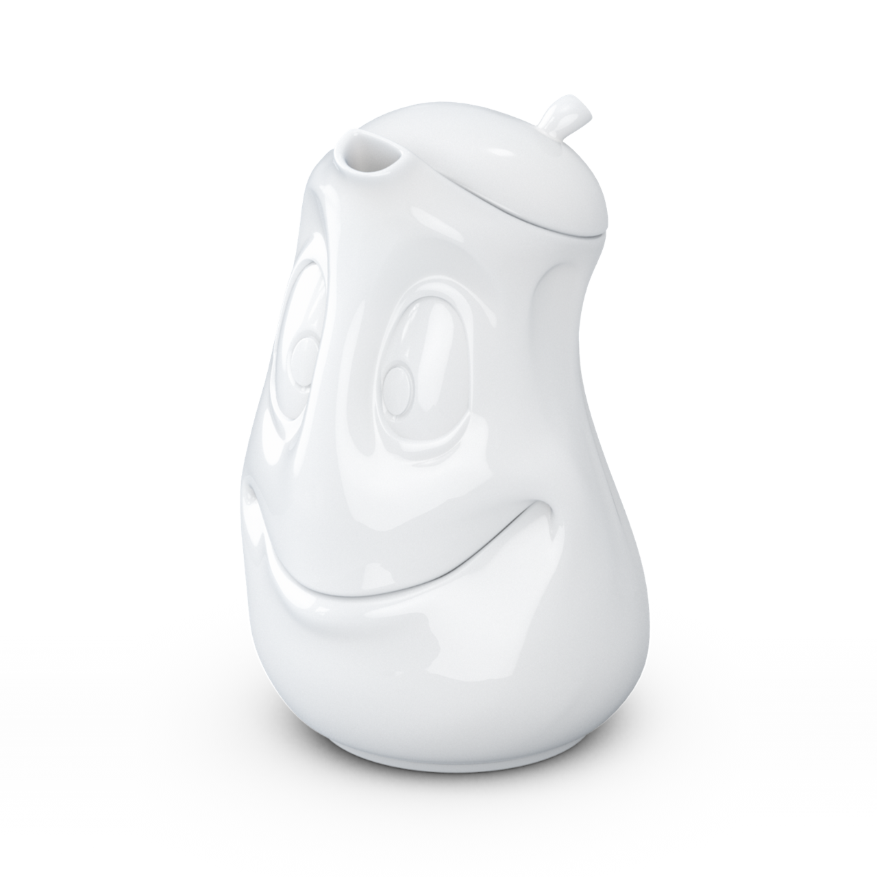 Die Kanne "Gut Drauf" ist weiß und hat ein Fassungsvermögen von 1200 ml. Sie hat ein fröhliches Gesicht auf der Vorderseite.