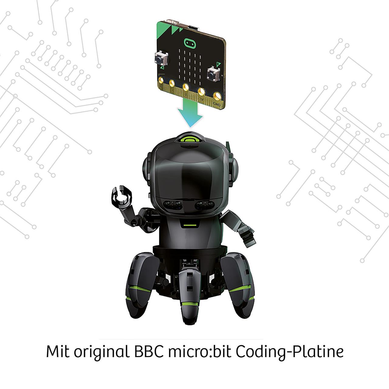 Das Bild zeigt den Roboter "Proxi" mit einer original BBC micro:bit Coding-Platine. Ein Pfeil deutet darauf hin, dass die Platine in den Roboter eingesetzt wird.