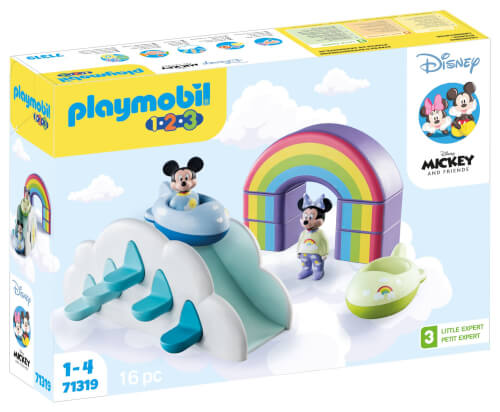 Auf der Verpackung ist ein Playmobil-Set mit Mickey Maus und einer Regenbogenrutsche abgebildet. Es ist für Kinder von 1 bis 4 Jahren geeignet und enthält 16 Teile.