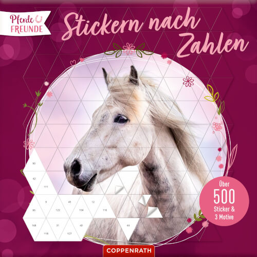 Auf dem Bild ist ein Pferd abgebildet, das aus vielen kleinen, nummerierten Dreiecken besteht. Es handelt sich um ein Stickerbuch, bei dem man nach Zahlen die passenden Sticker platzieren kann.