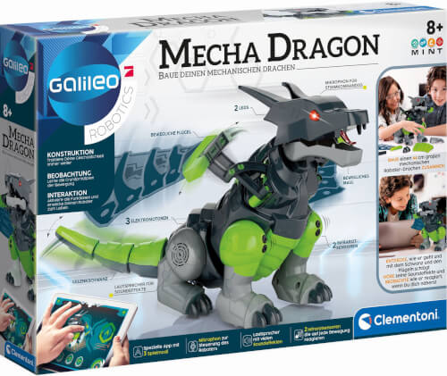 Auf dem Bild ist die Verpackung eines Mecha Dragon Robotik-Baukastens von Galileo zu sehen. Der Bausatz ist für Kinder ab 8 Jahren geeignet und enthält einen mechanischen Drachen zum Zusammenbauen und Steuern.
