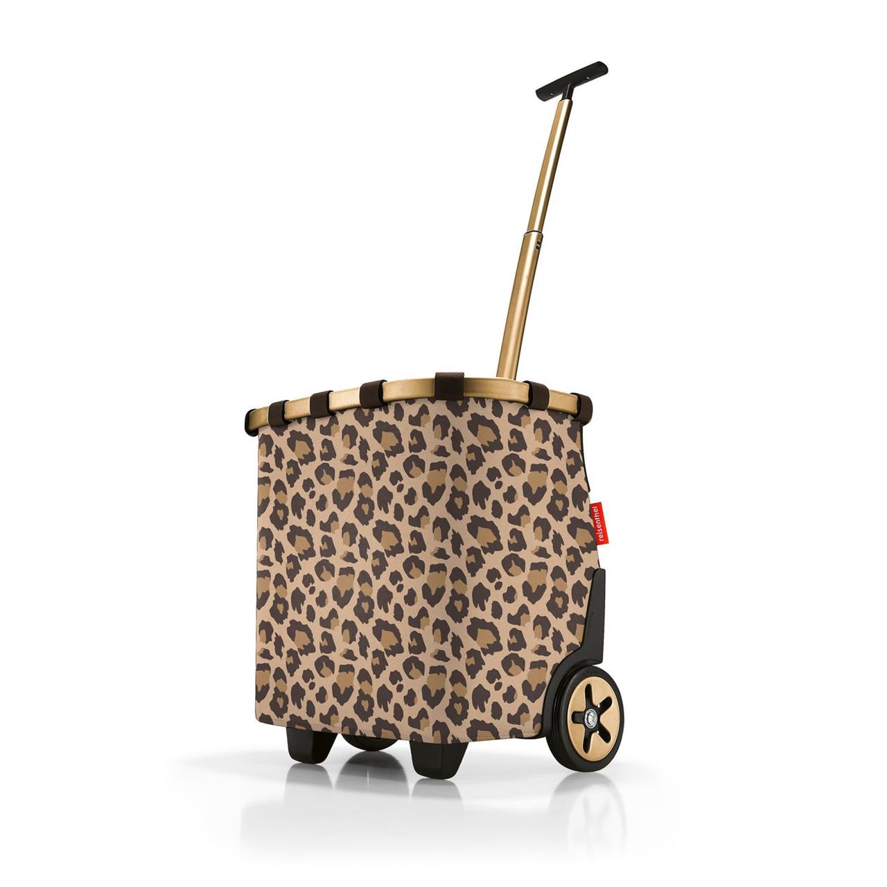 Das Bild zeigt einen Einkaufstrolley mit Leopardenmuster und ausziehbarem Griff. Der Carrycruiser Frame Leo Macchiato hat zwei Räder und wirkt sehr modern und stylisch.