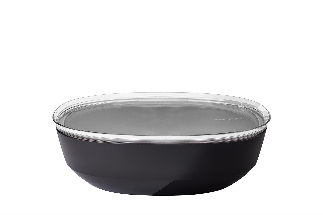 Auf dem Bild ist eine schwarze Schale mit einem transparenten Deckel zu sehen. Es handelt sich um die "Schale Silueta 4000 ml mit Deckel" in der Farbe Nordic Black.