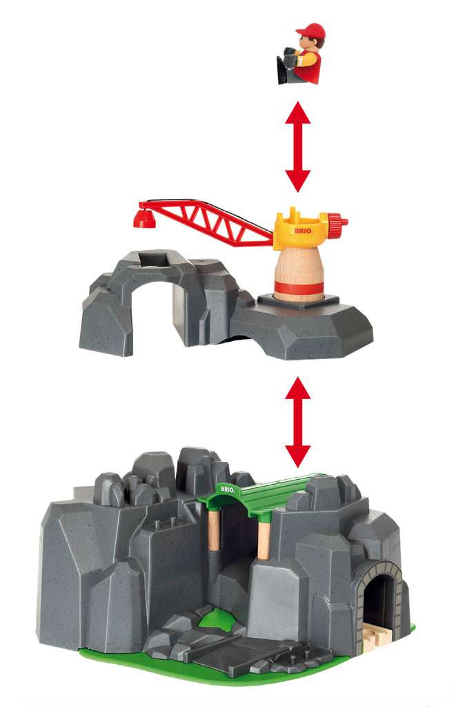 Das Bild zeigt das Spielset "BRIO® World: Große Goldmine mit Sound-Tunnel 33889". Es besteht aus mehreren Bergwerksteilen, einem Kran und einer Spielfigur, die zusammengesetzt werden können.