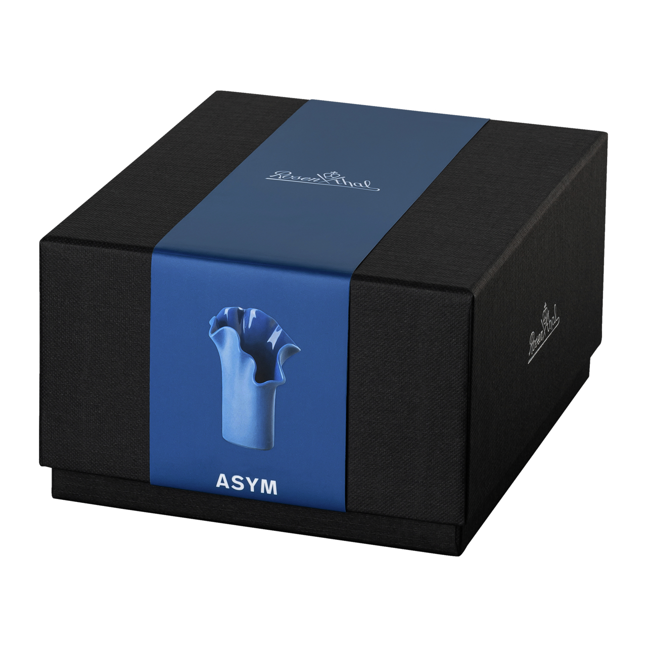 Die Abbildung zeigt eine elegante schwarze Geschenkbox mit einem blauen Band, auf dem eine Vase abgebildet ist. Auf dem Band steht der Produktname "ASYM" und die Vase hat eine asymmetrische Form.