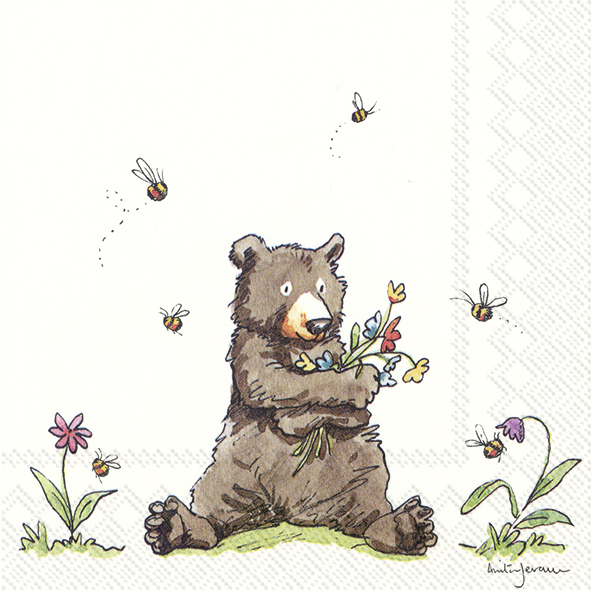 Ein niedlicher Bär sitzt auf dem Boden und hält einen Strauß bunter Blumen in den Armen. Um ihn herum fliegen mehrere Bienen und auf dem Boden wachsen bunte Blumen.