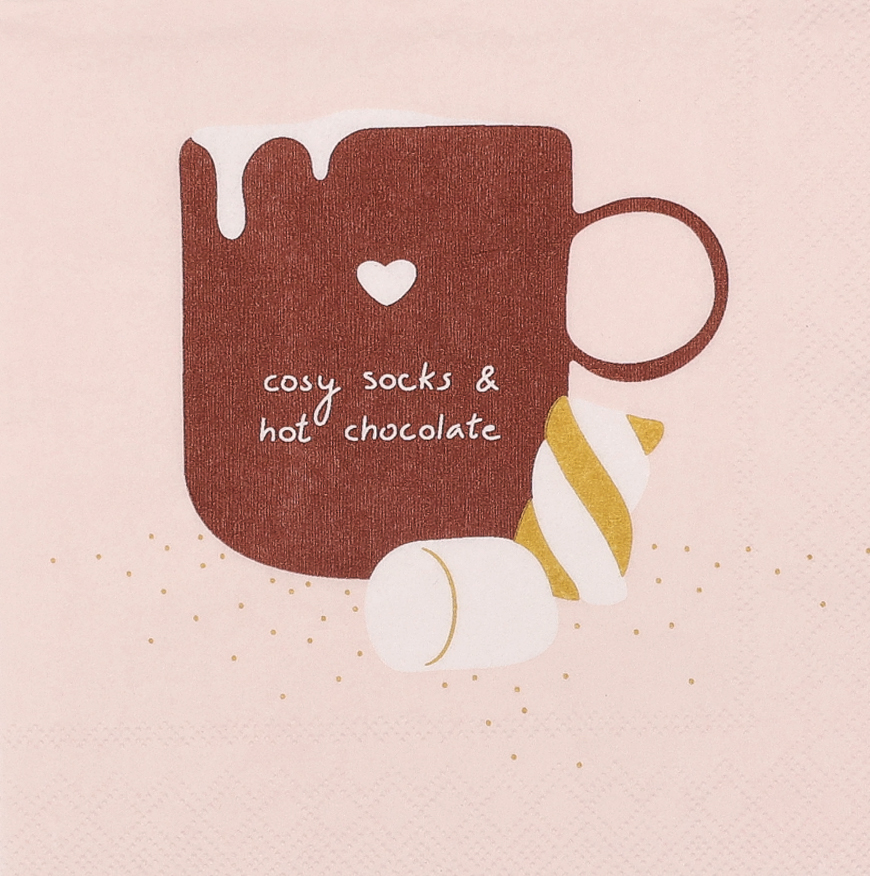 Cocktailserviette mit Spruch 'Cosy socks hot chocolate'. Das Bild zeigt eine liebevoll gestaltete Serviette.