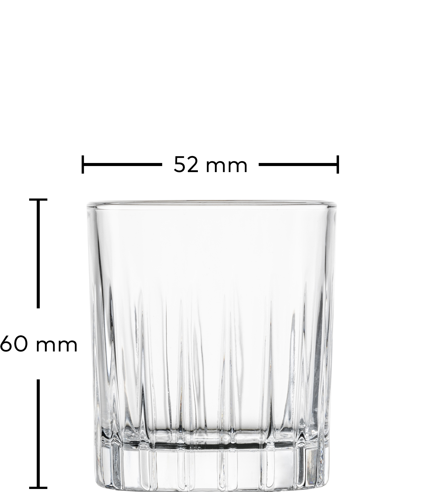 Das Bild zeigt ein klares Trinkglas mit vertikalen Schliffmustern. Das Glas ist 60 mm hoch und hat einen Durchmesser von 52 mm.