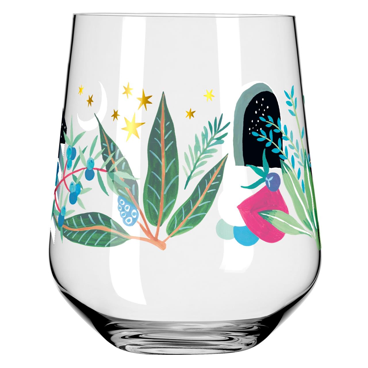 Dieses Glas ist mit bunten botanischen Motiven wie Blättern, Beeren und Sternen verziert. Es gehört zum Produkt "Botanic Glamour Gin Tumbler 2er 7 8 GWAW H23".