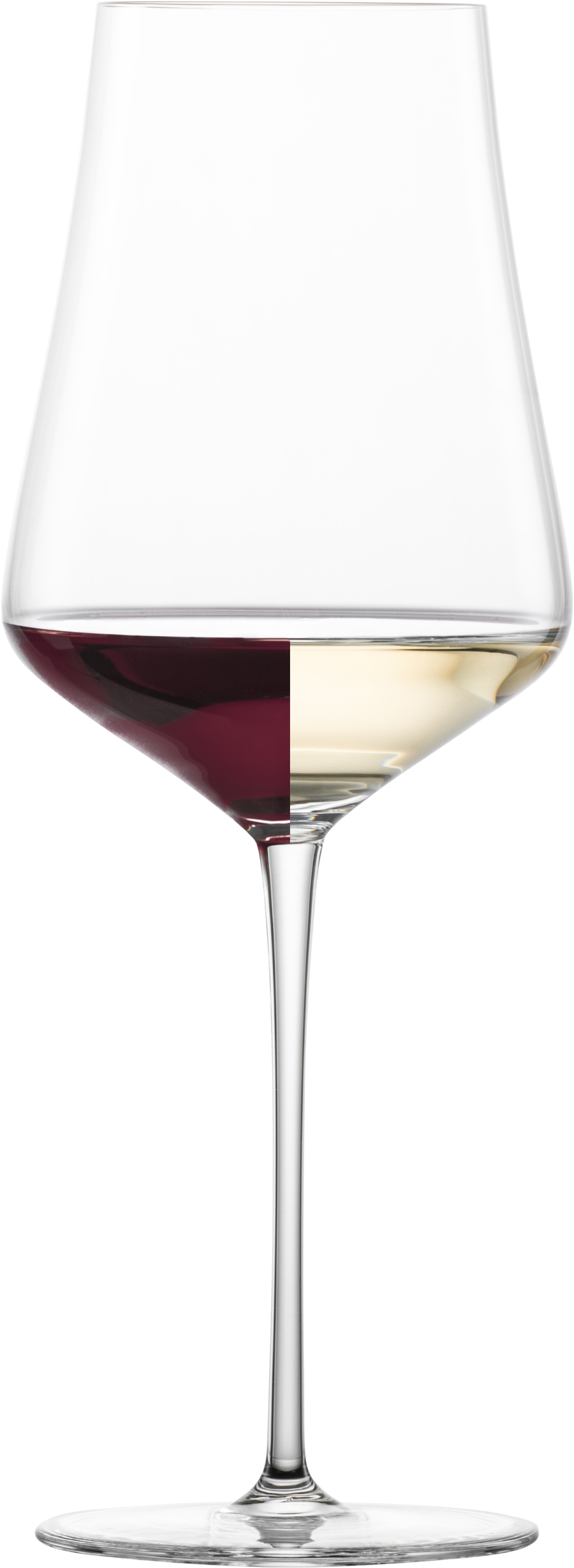 Das Bild zeigt ein Weinglas mit einem langen Stiel. Das Glas ist zur Hälfte mit Rotwein und zur anderen Hälfte mit Weißwein gefüllt, jeweils auf einer Seite.