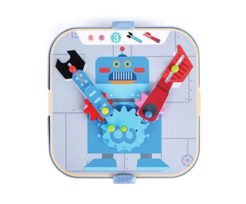 Das Bild zeigt ein buntes Roboter-Spielzeug mit beweglichen Armen und Zahnrädern. Der Roboter ist auf einem quadratischen Brett abgebildet und sieht freundlich aus.