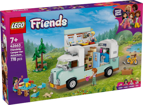 Auf dem Bild ist ein LEGO Friends Set mit einem Campingbus und mehreren Figuren zu sehen. Die Verpackung zeigt eine Abenteuerszene im Grünen mit vielen Camping-Accessoires.