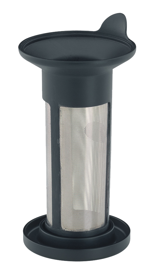Das Bild zeigt einen Teefilter aus Metall und Kunststoff. Er steht auf einer kleinen Abtropfschale.
