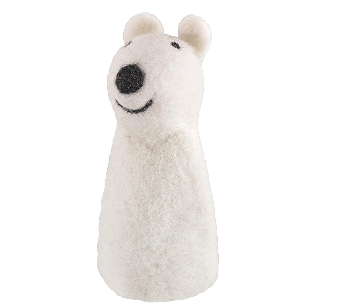 Auf dem Bild ist ein Eierwärmer in Form eines weißen Eisbären zu sehen. Der Eisbär hat ein freundliches Gesicht und besteht aus Filz.