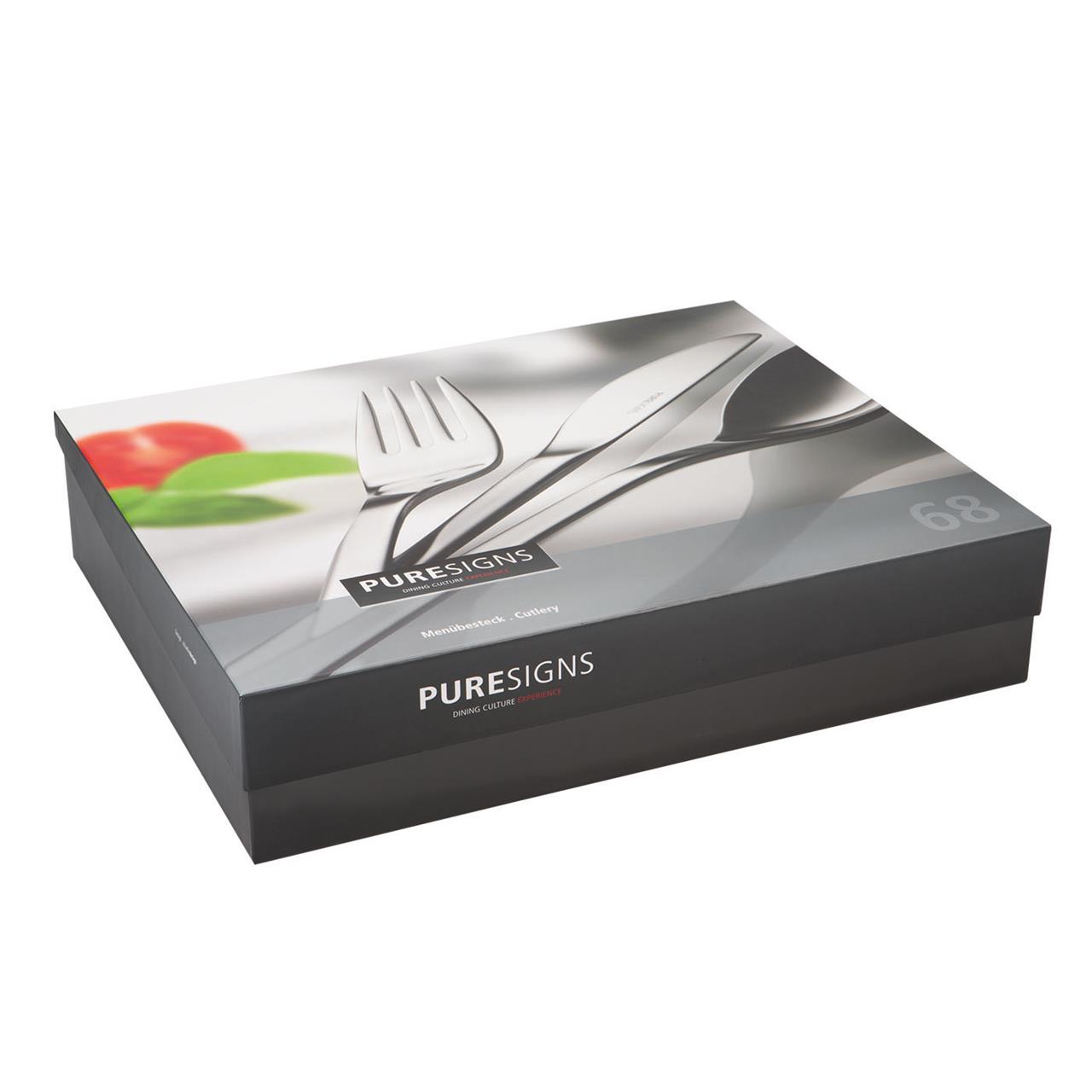 Auf dem Bild ist eine geschlossene Verpackung des Produkts "Menübesteck 68tlg One poliert" zu sehen. Die Schachtel ist von der Marke Puresigns und zeigt auf dem Deckel glänzendes Besteck.