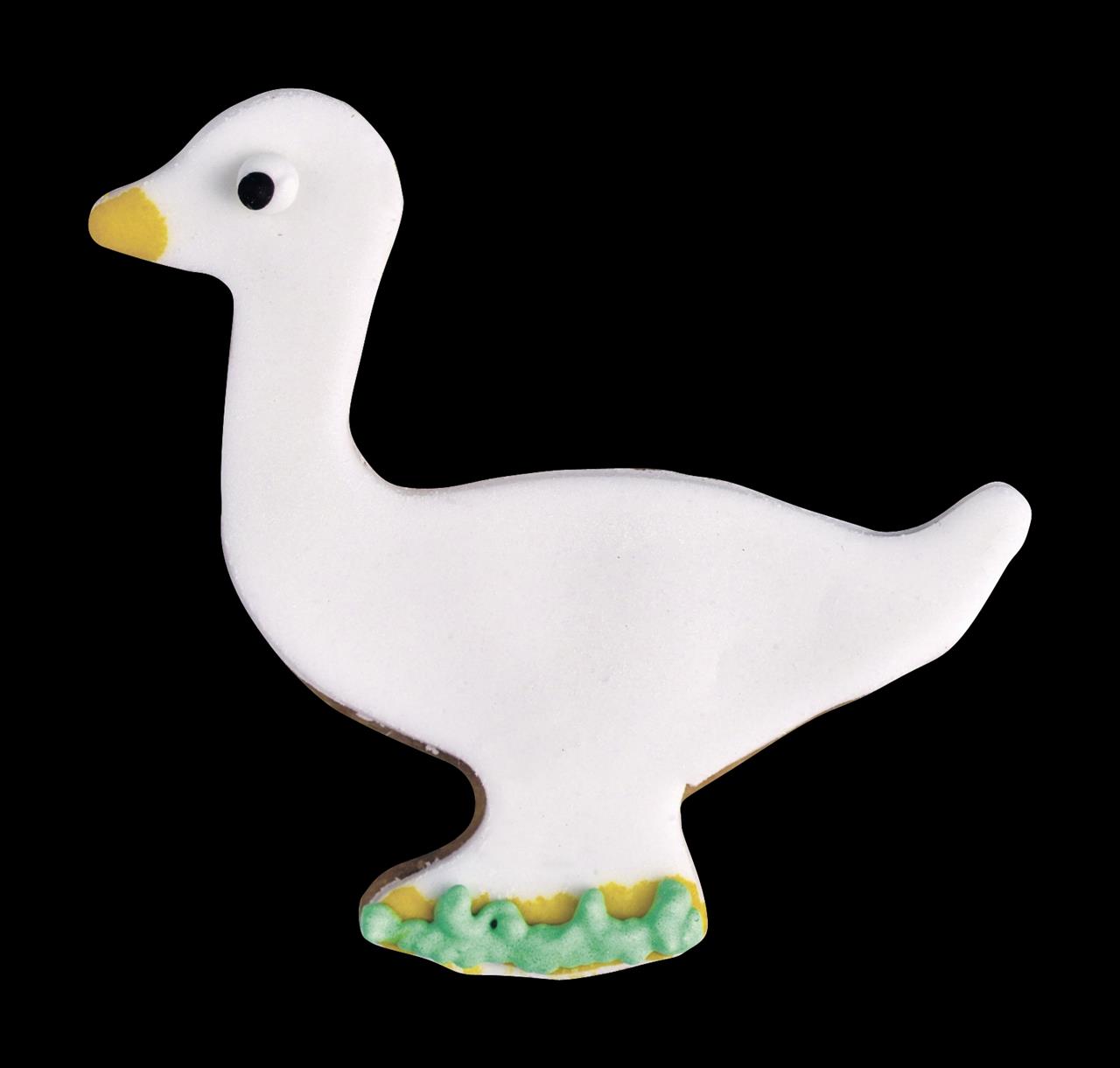 Das Bild zeigt einen Keks in der Form einer Gans, dekoriert mit weißem, gelbem und grünem Zuckerguss. Der Keks wurde mit einem Ausstecher in Gansform (9 cm) hergestellt.