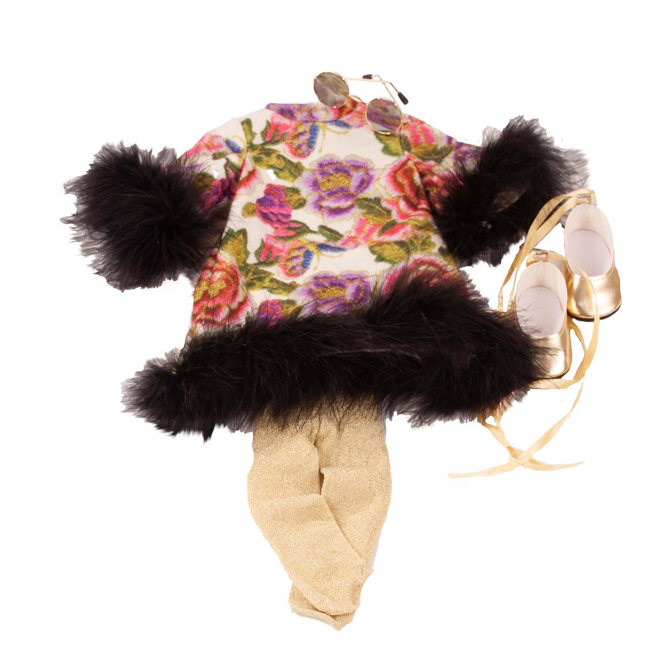 Das Bild zeigt ein farbenfrohes Outfit-Set mit floralem Kleid, goldenen Schuhen, Sonnenbrille und goldenen Strumpfhosen. Das Kleid ist mit schwarzem Kunstfell an den Ärmeln und am Saum verziert.