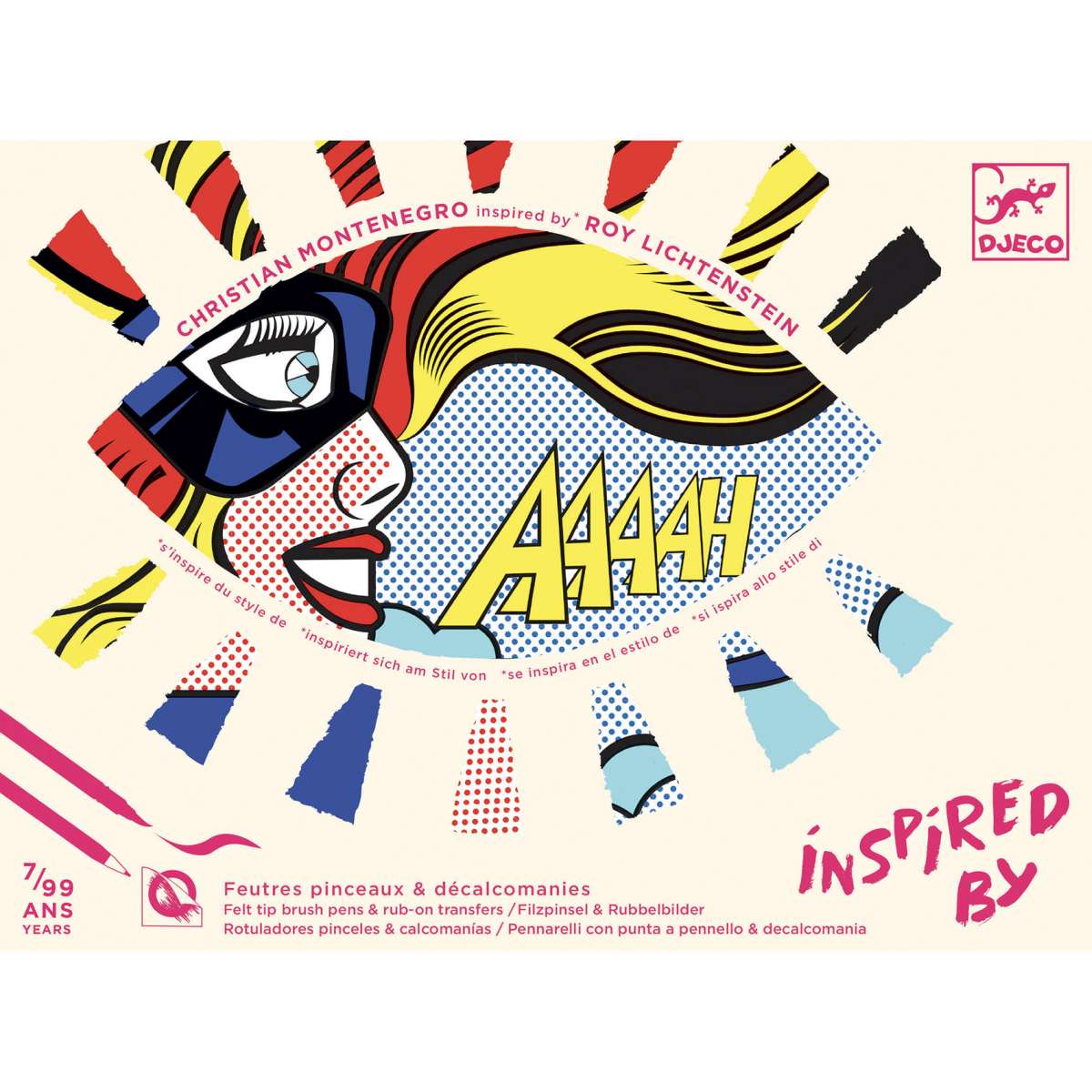 Das Bild zeigt ein Produkt, das vom Stil von Roy Lichtenstein inspiriert ist. Es zeigt eine bunte Pop-Art-Illustration mit dem Ausruf "AAAAH".