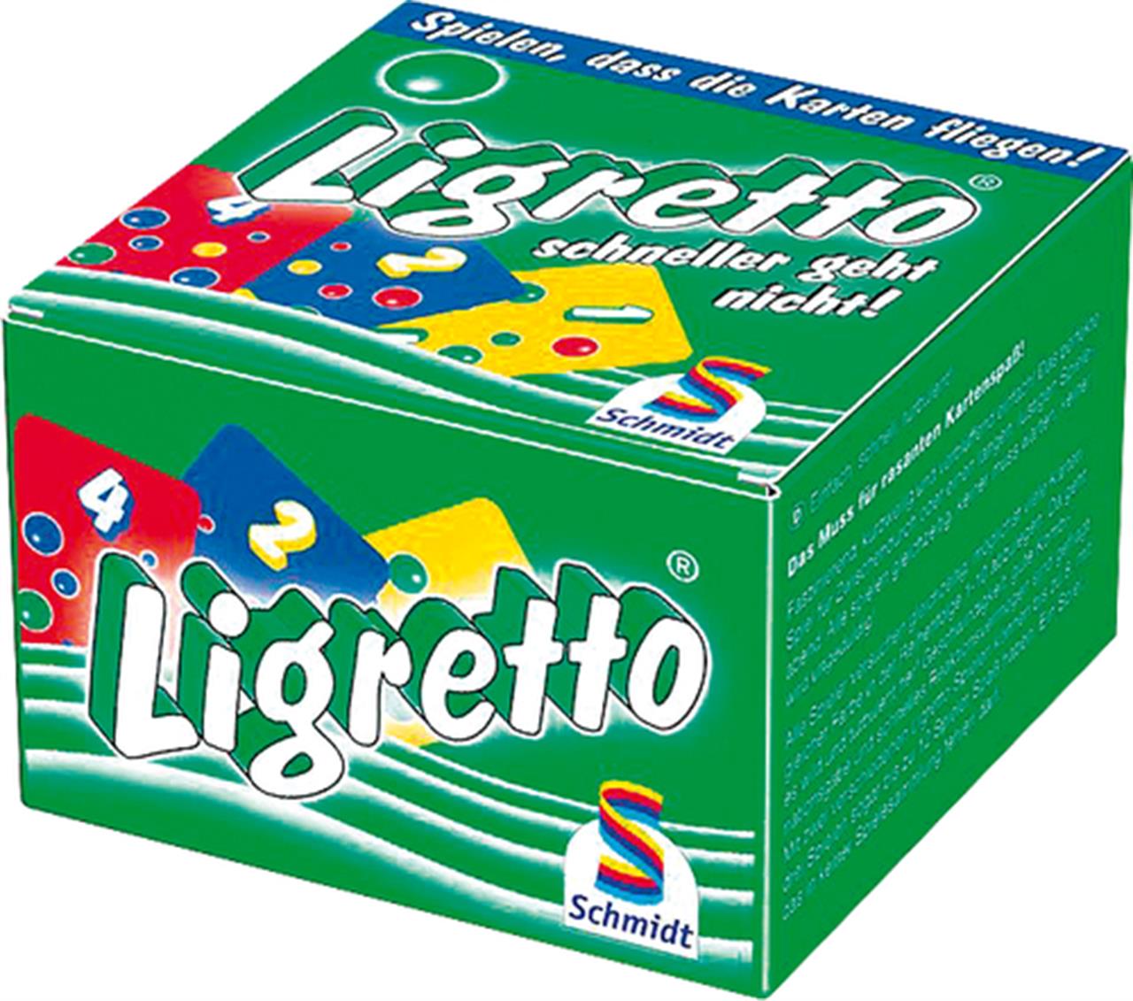 Auf dem Bild ist die grüne Box des Spiels "Ligretto" zu sehen. Die Verpackung ist überwiegend grün und zeigt bunte Karten mit Zahlen.