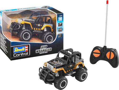 Das Bild zeigt ein ferngesteuertes Jeep Wrangler-Auto mit Fernbedienung. Neben dem Auto ist auch die Verpackung mit der Aufschrift "Revell Control" zu sehen.