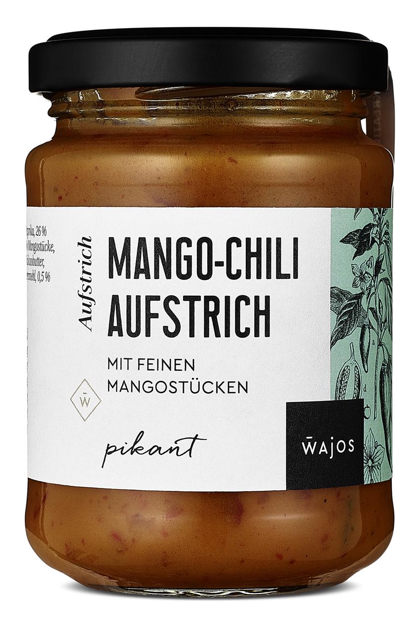 Auf dem Bild ist ein Glas Mango-Chili Aufstrich mit 175g Inhalt zu sehen. Das Etikett zeigt, dass der Aufstrich feine Mangostücke enthält und pikant ist.