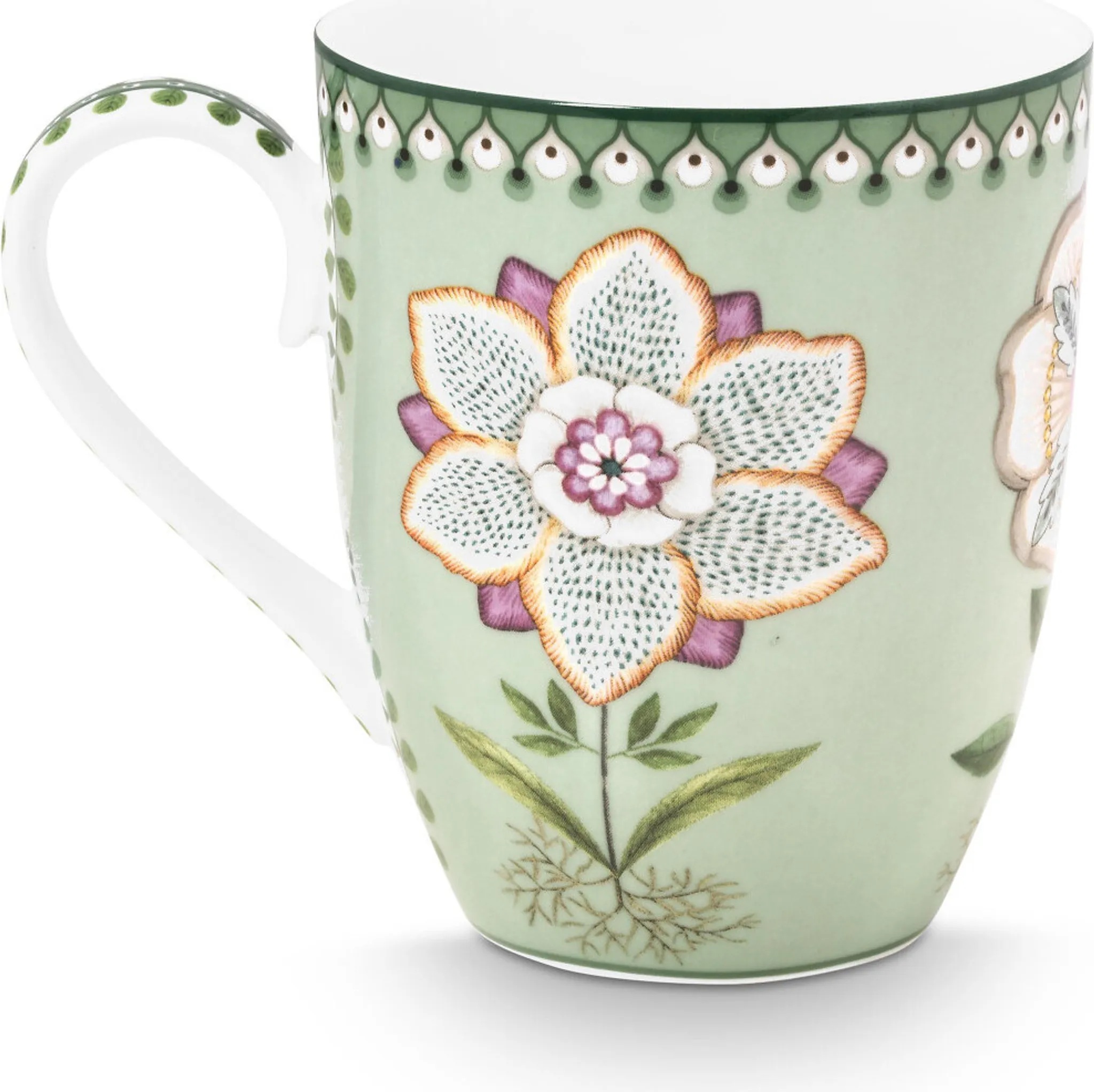 Henkelbecher groß „Lily & Lotus" in Hellgrün mit 350 ml Fassungsvermögen. Der Becher besitzt einen praktischen Henkel und eignet sich ideal für Tee oder Kaffee.