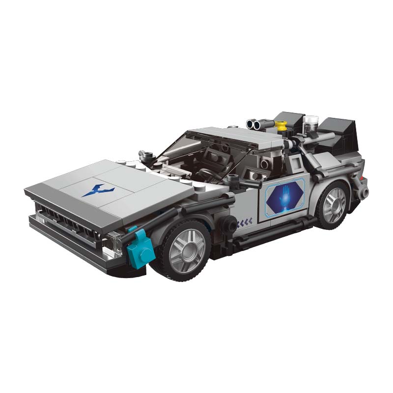 Auf dem Bild ist das Produkt "Mould King® 27019 Delorean-12 Car + Showcase" zu sehen. Es handelt sich um ein detailgetreues Auto-Modell aus Bausteinen, das an den berühmten DeLorean erinnert.