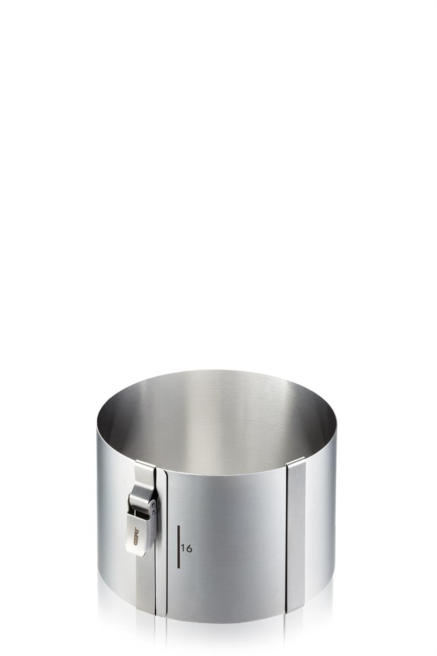 Auf dem Bild ist ein Tortenring aus Edelstahl mit einer Höhe von 10 cm zu sehen. Er hat einen Verschlussclip und ist für die Zubereitung von Torten geeignet.