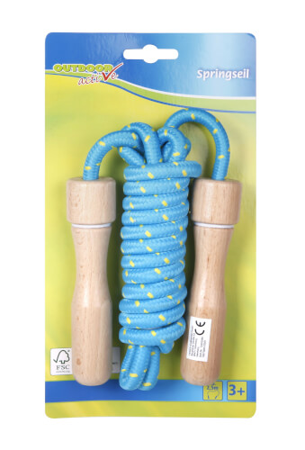 Auf dem Bild ist ein Springseil mit blauer Schnur und Holzgriffen zu sehen. Die Verpackung ist bunt gestaltet und zeigt, dass das Springseil für Kinder ab 3 Jahren geeignet ist.