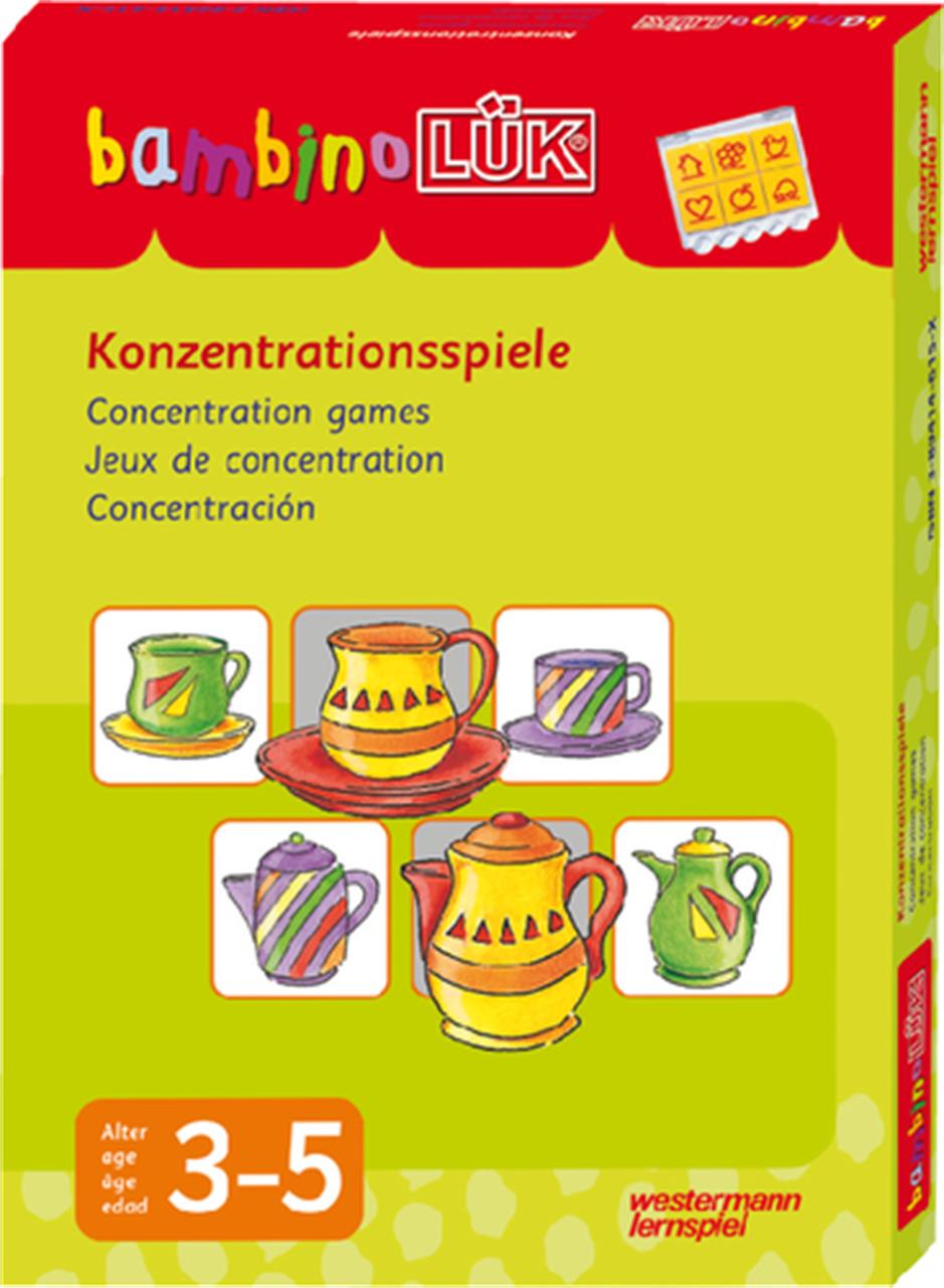 Auf dem Bild ist das Produkt "bambinoLÜK Set Konzentrationsspiele 3-5 Jahre" zu sehen. Die Verpackung zeigt bunte Illustrationen von Tassen und Kannen und ist für Kinder im Alter von 3 bis 5 Jahren geeignet.