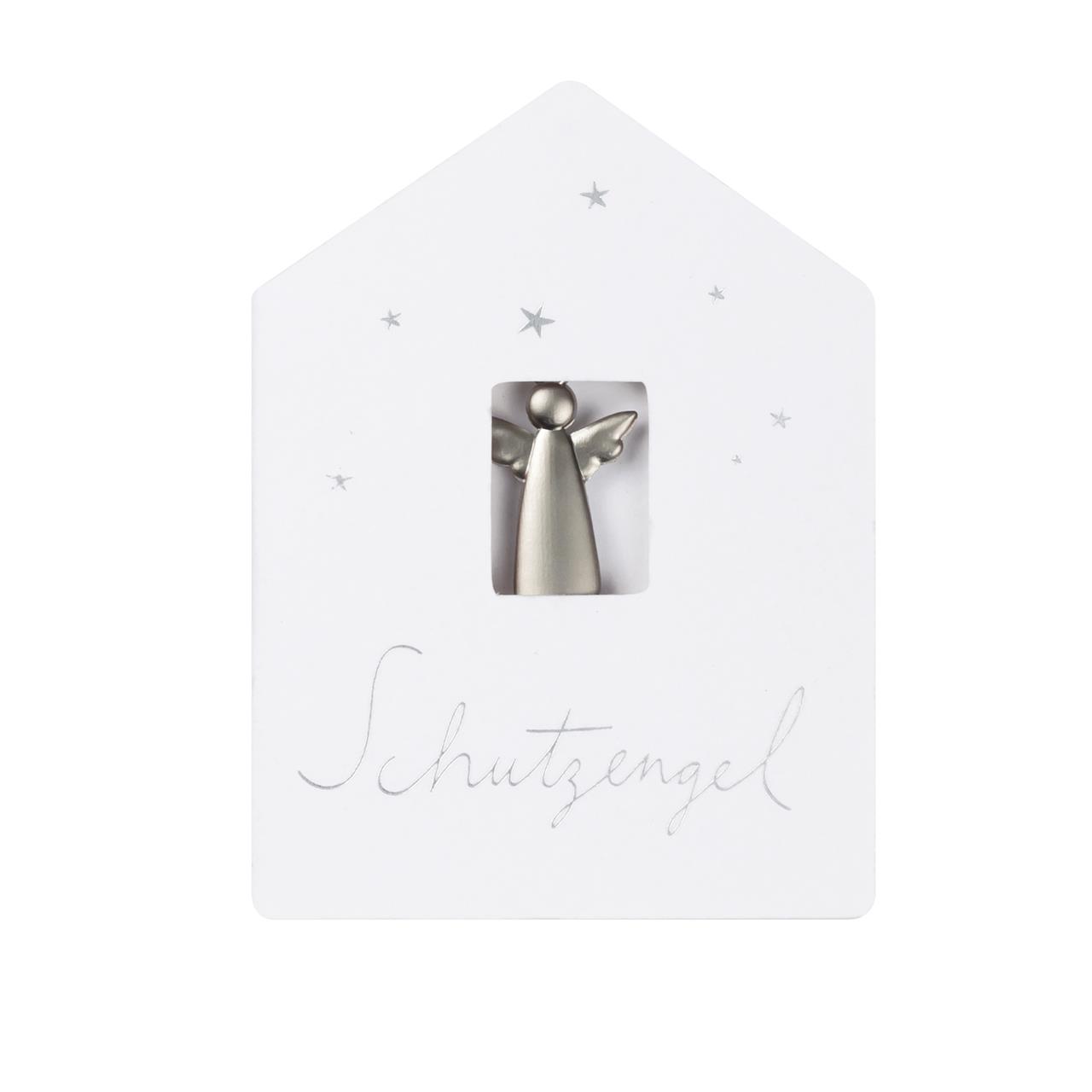 Das Bild zeigt einen silbernen Schutzengel auf einer weißen Karte mit kleinen Sternen. Unter dem Engel steht das Wort „Schutzengel“ in eleganter Schrift.