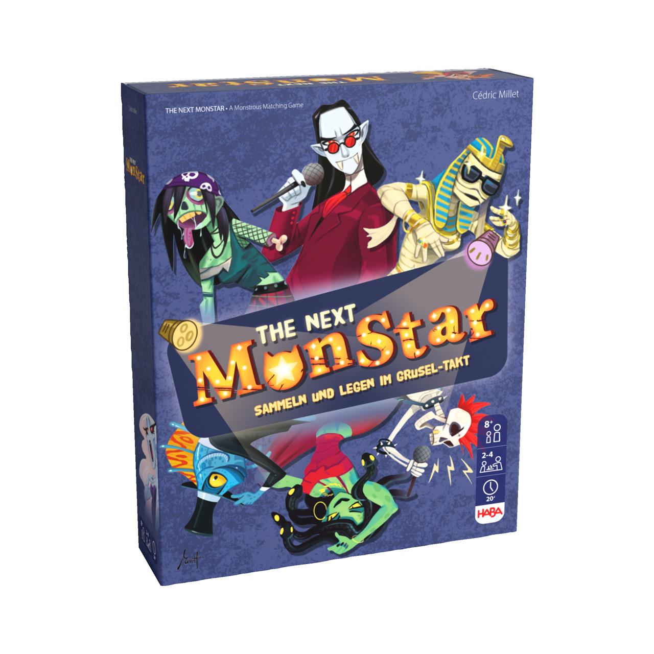 Auf dem Bild ist die Spielschachtel von "The Next MonStar" zu sehen. Auf dem Cover sind verschiedene lustige Monster beim Musizieren abgebildet.