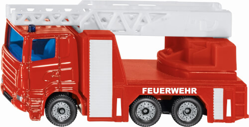 Das Bild zeigt ein rotes Feuerwehrauto mit einer weißen Leiter. Auf der Seite des Fahrzeugs steht das Wort "FEUERWEHR".