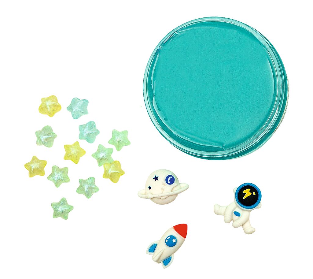 Abgebildet ist der Inhalt der blauen 'Glibber-Knete'. Das Produkt eignet sich für kreative Bastelstunden.