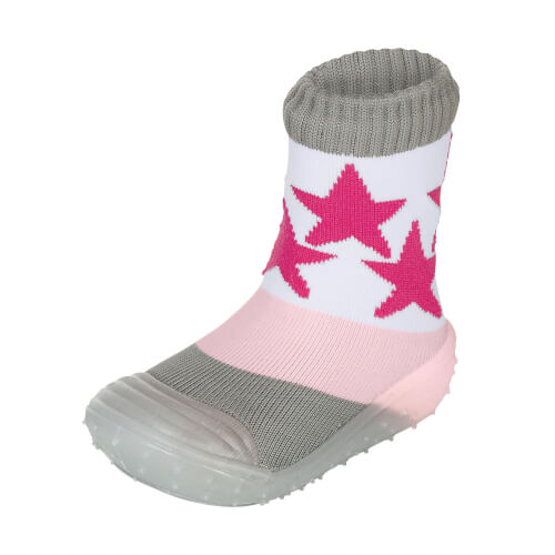 Auf dem Bild ist ein Kinderschuh zu sehen, der wie eine Socke aussieht. Der Schuh ist grau, rosa und weiß mit pinken Sternen gestaltet.