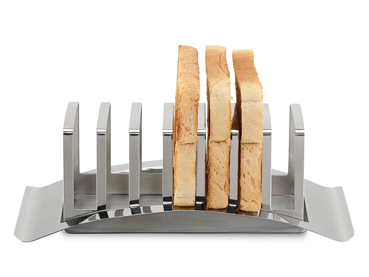 Das Bild zeigt einen Toastständer aus Metall mit mehreren Fächern. In den Fächern stehen mehrere Scheiben Toastbrot aufrecht.