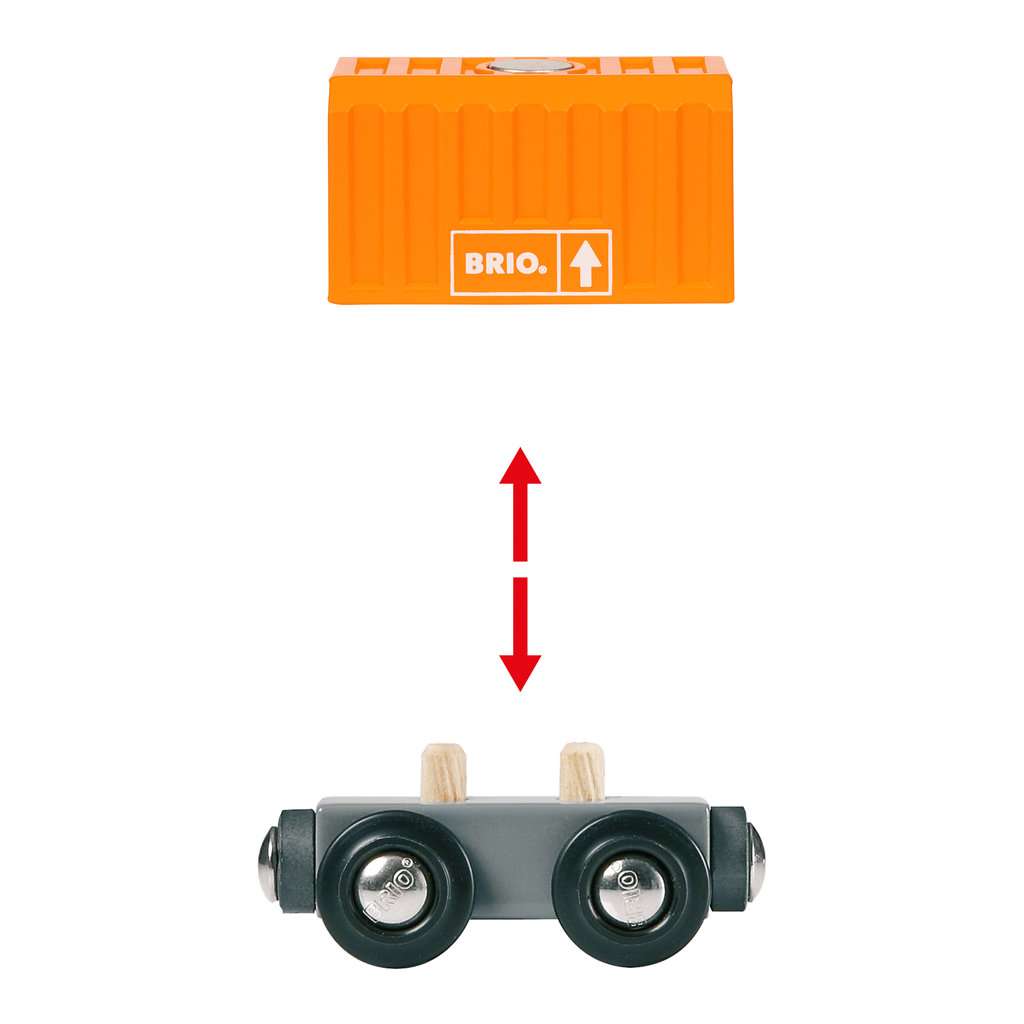 Das Bild zeigt einen orangefarbenen BRIO®-Frachtcontainer und ein graues Wagon-Unterteil. Ein roter Doppelpfeil deutet darauf hin, dass der Container auf das Wagon-Unterteil gesetzt werden kann.